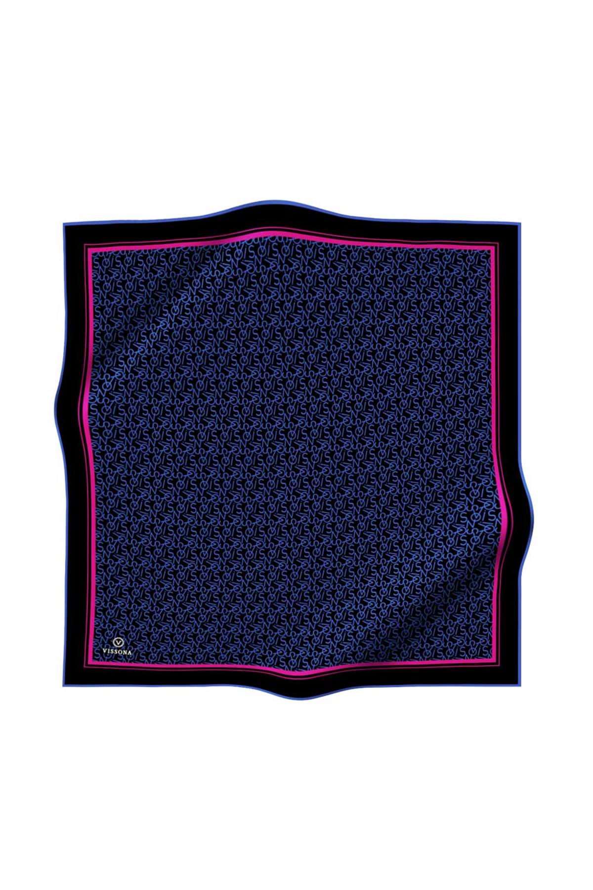 %100 Twill İpek Harf Desenli Siyah - Saks Renkli 90x90 Eşarp Dikim Şekli : El Dikişi