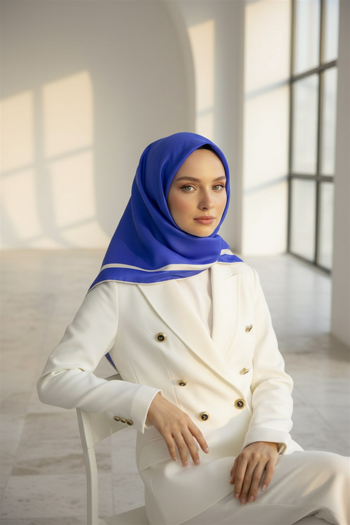100% Twill İpek Düz Renk Bordür Desenli Saks - Krem Renkli Daha Tok Exclusive Serisi 90x90 Dikim Şekli : El Dikişi Eşarp