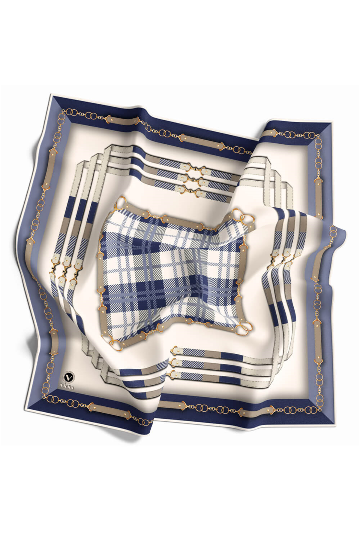 Twill Ekoseli Ve Zincir Desenli İndigo Renkli 90x90 Eşarp (İpek İçermez) Dikim Şekli : El Dikişi
