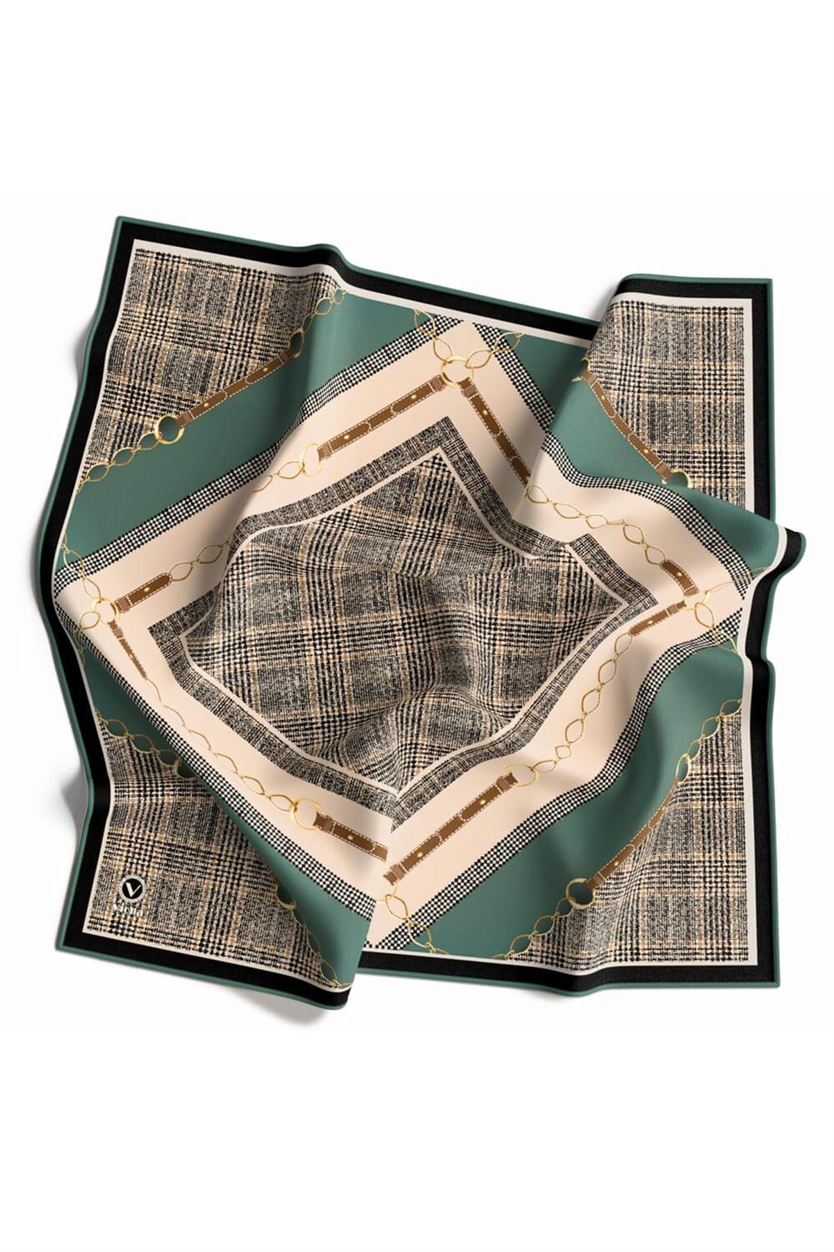 Twill Kemer ve Zincir Detaylı Ekose Desenli Petrol Yeşili Renkli 90x90 Eşarp (İpek İçermez) Kenar Dikiş Şekli El Dikişli