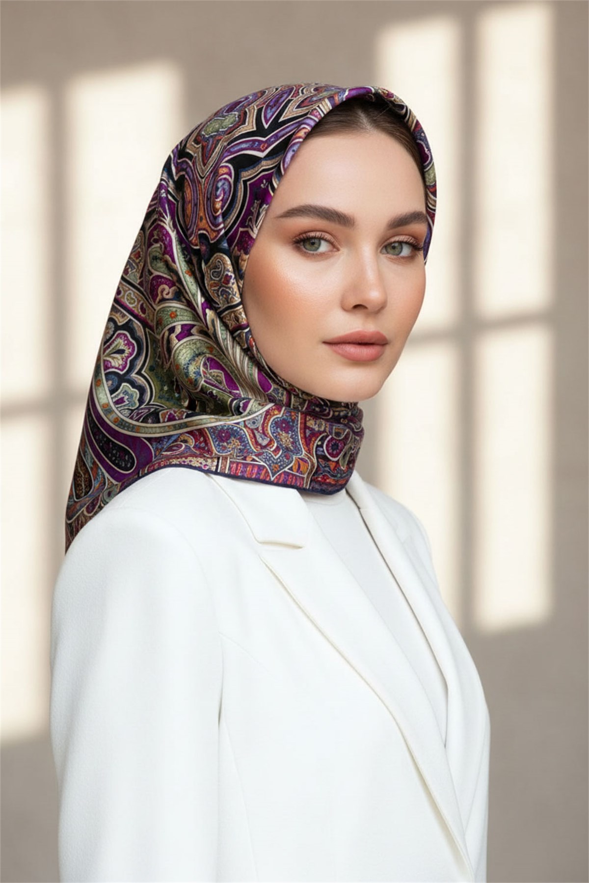 100% Twill İpek Etnik Desenli Lacivert - Haki Renkli 90x90 Dikim Şekli : El Dikişi Eşarp