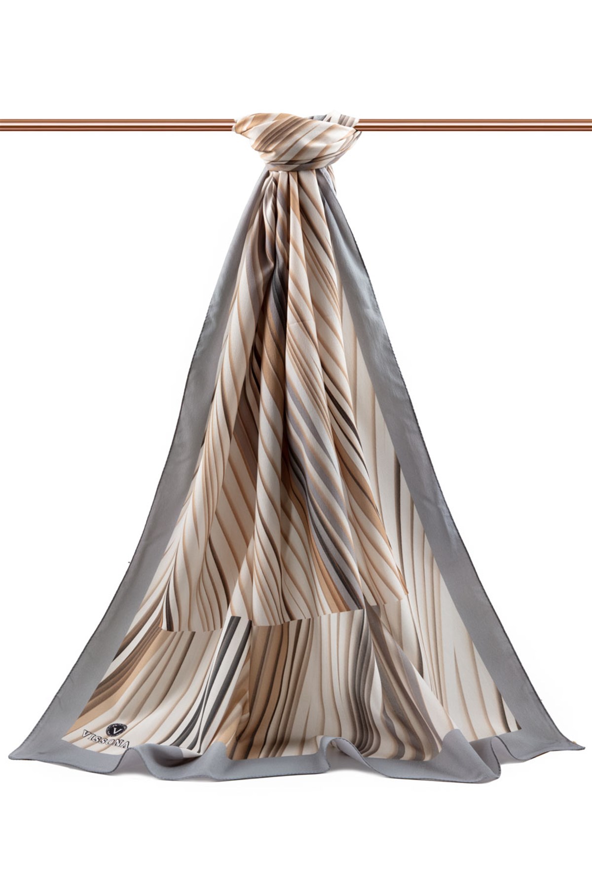 LÜKS MEDİNE İPEĞİ ÇİZGİLİ DESENLİ GRİ RENKLİ 75X195 KIRIŞMAZ ŞAL MOSS KREP DİKİŞ TİPİ İTALYAN DİKİŞLİ