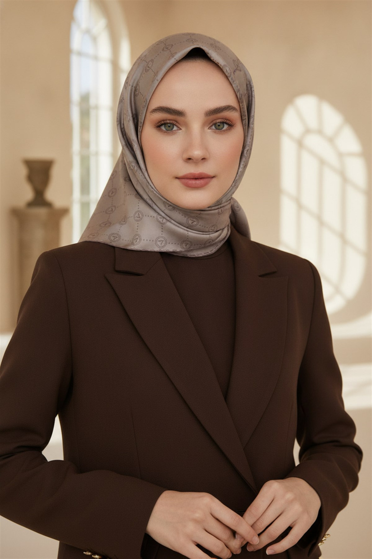 %100 Twill İpek Monogram Desenli Taş Renkli 90x90 Eşarp Dikim Şekli : El Dikişi