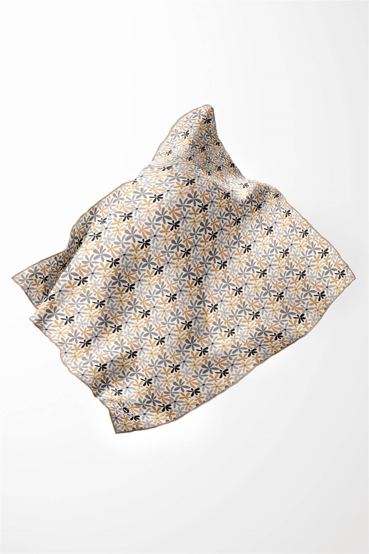 Twill Renkli Çiçek Desenli Bej Renkli 90x90 Eşarp (İpek İçermez) Kenar Dikiş Şekli El Dikişli