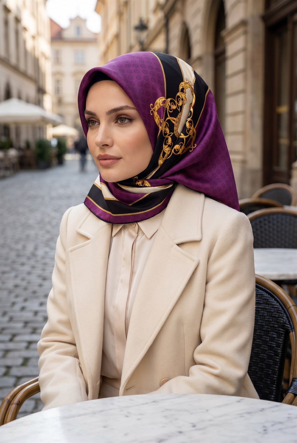 %100 Twill İpek Monogram Ve Barok Desenli Mürdüm - Siyah Renkli 90x90 Eşarp Dikim Şekli : El Dikişi