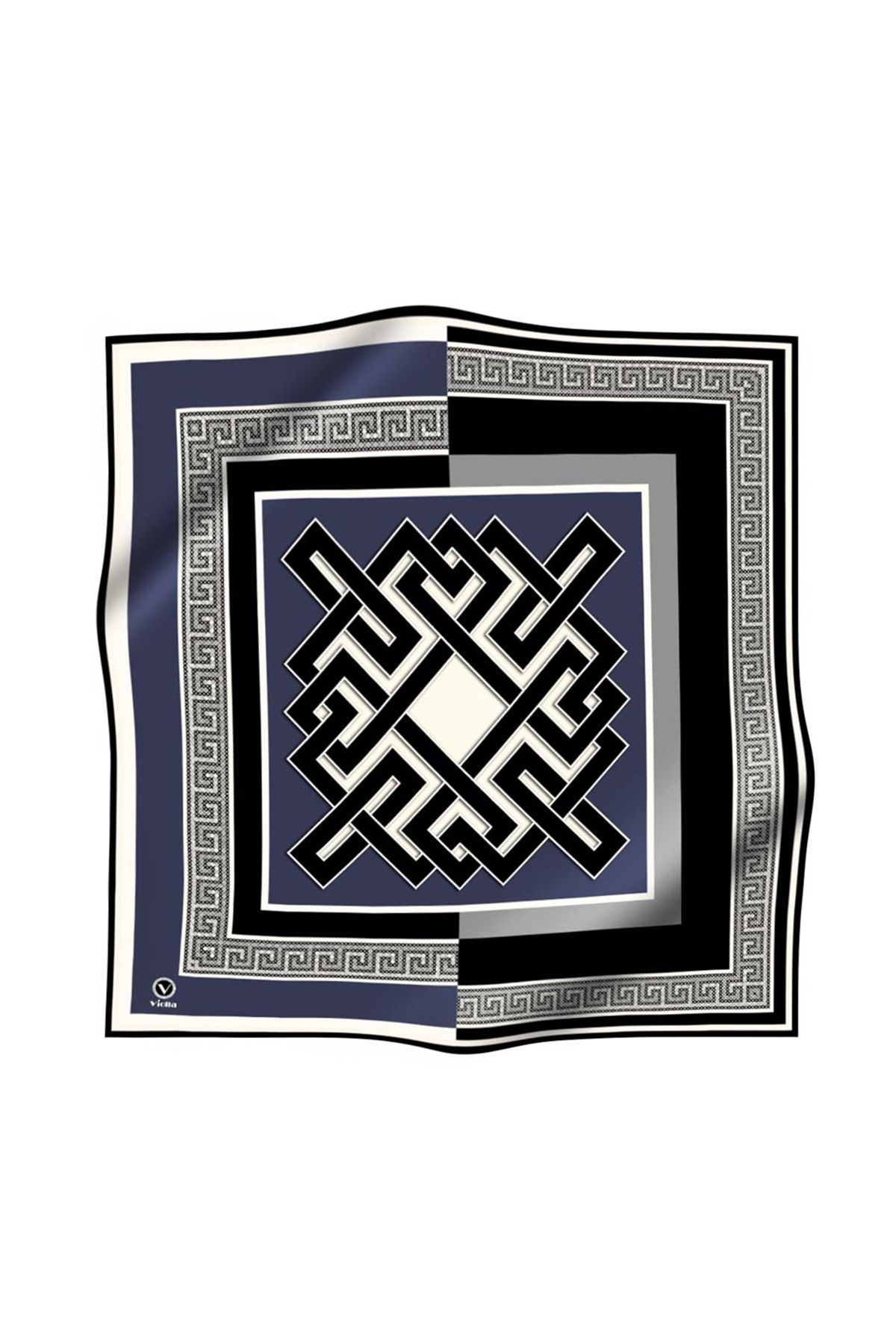 Twill Çizgili Sonsuzluk Düğümü Desenli İndigo Renkli 90x90 Eşarp (İpek İçermez)