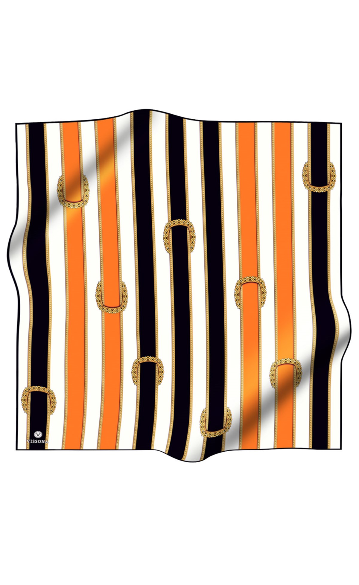 %100 Twill İpek Kemer Desenli Siyah - Turuncu Renkli 90x90 Eşarp Dikim Şekli : El Dikişi