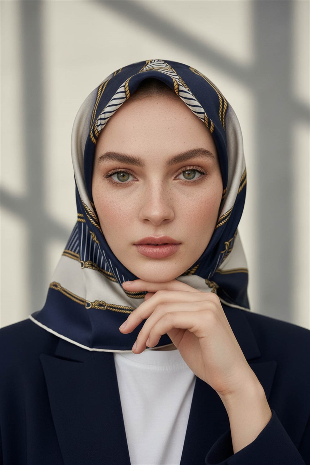 %100 Twill İpek Zincir Detaylı Geometrik Desenli Lacivert - Lacivert Renkli 90x90 Eşarp Dikim Şekli : El Dikişi