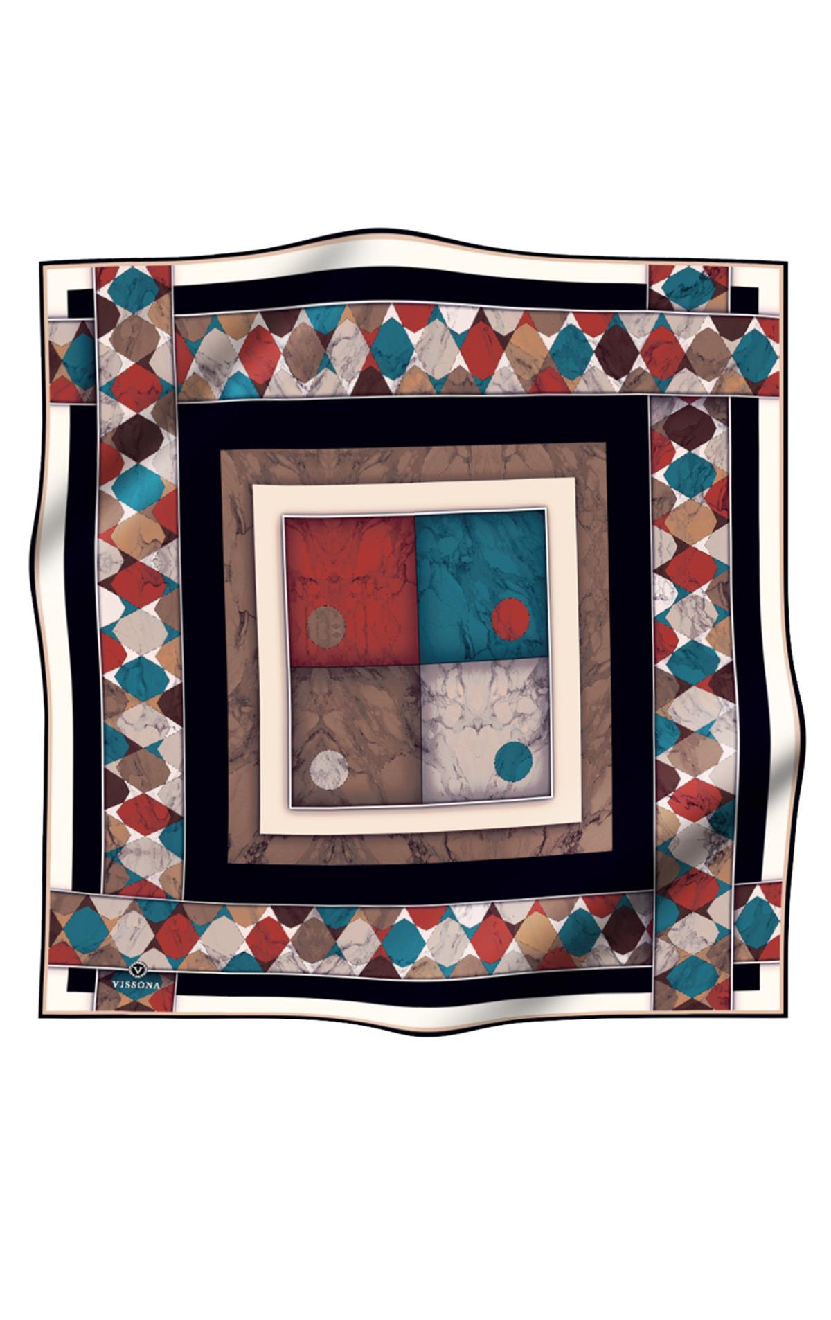%100 Twill İpek Mermer Efektrli Geometrik Desenli Petrol Mavisi - Vizon Renkli 90x90 Eşarp Dikim Şekli : El Dikişi