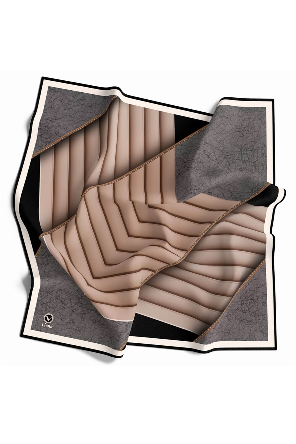 Twill Zigzag Desenli Gri - Bej Renkli 90x90 Eşarp (İpek İçermez) Kenar Dikiş Şekli El Dikişli