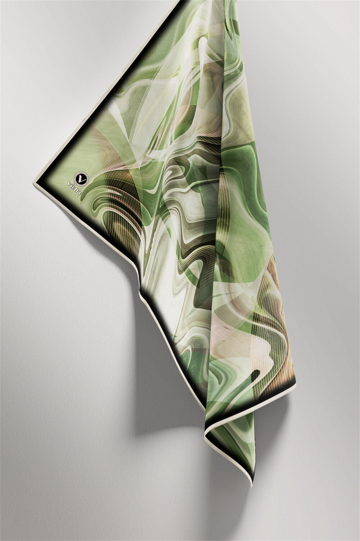 Twill Soyut Dalga Desenli Zümrüt Yeşili Renkli 90x90 Eşarp (İpek İçermez) Dikim Şekli : El Dikişi