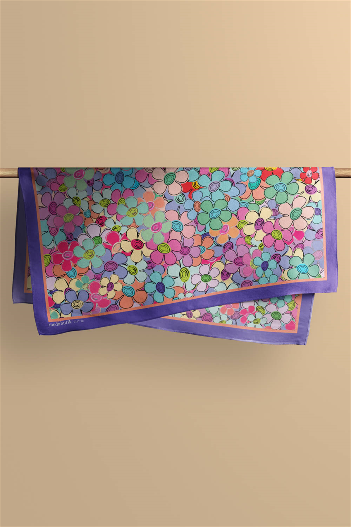 E15 Kadın Çiçek Desenli Bandana 50x50 Mor DG0137-22