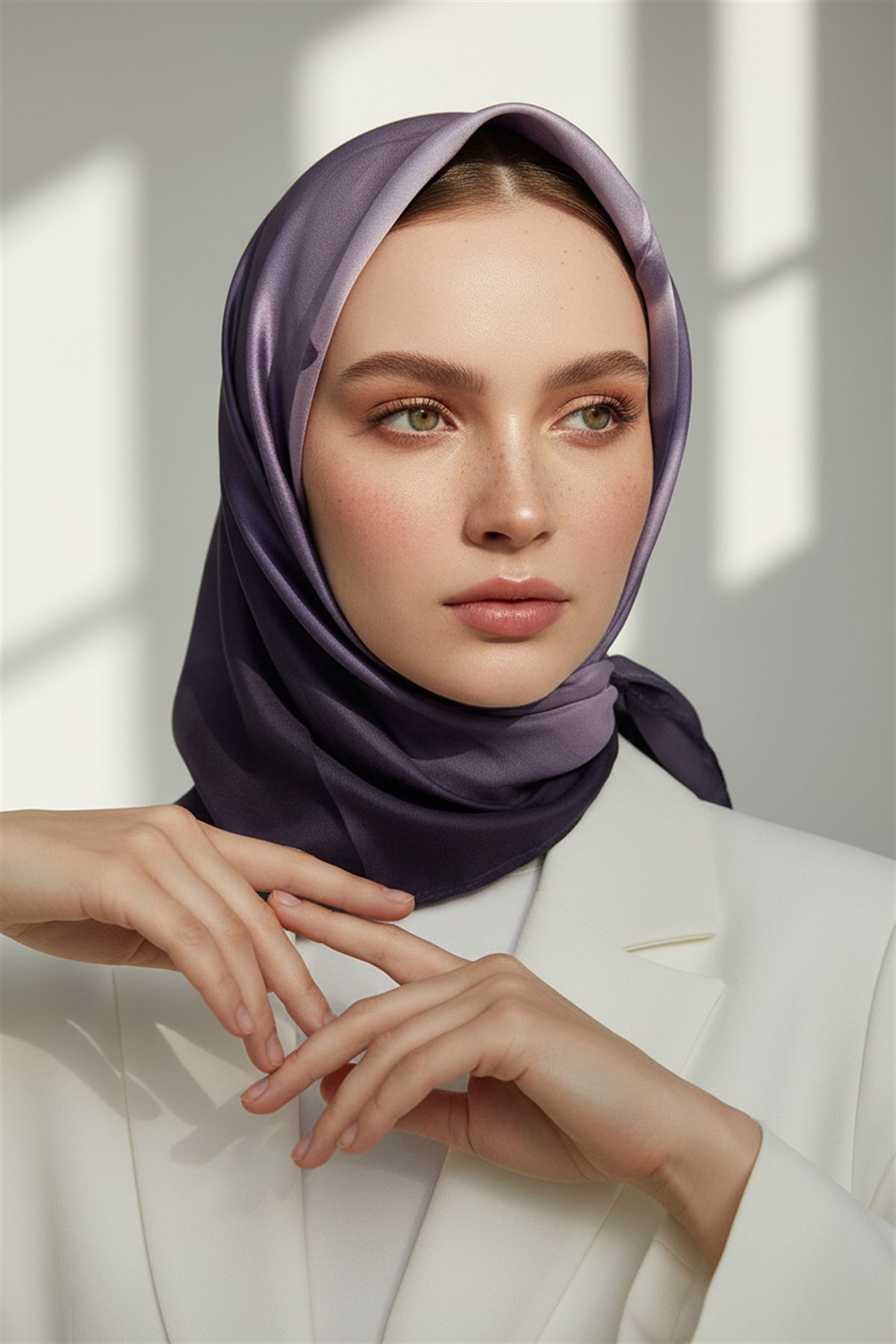 %100 Twill İpek Gül Desenli Lila Renkli 90x90 Eşarp Dikim Şekli : El Dikişi