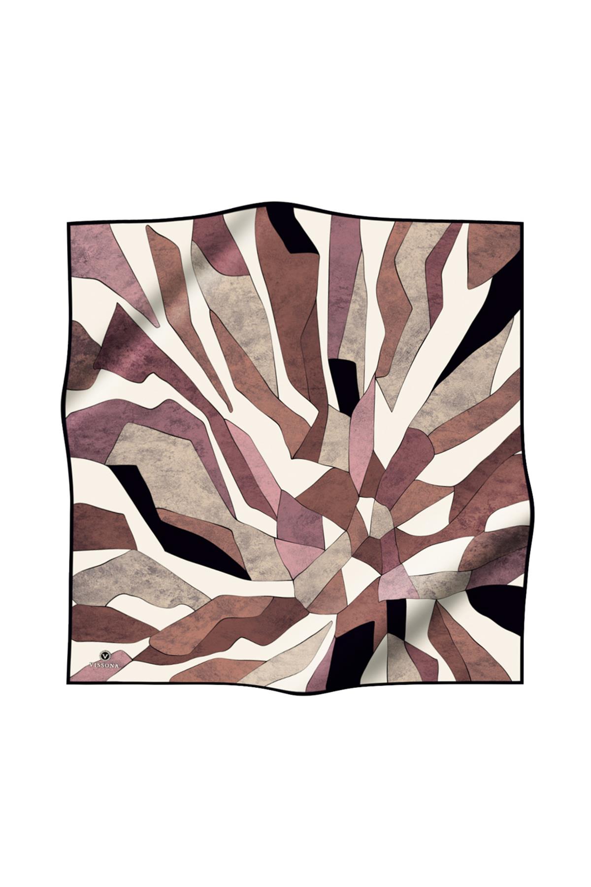 %100 Twill İpek Geometrik Desenli Pudra - Somon Renkli 90x90 Eşarp Dikim Şekli : El Dikişi