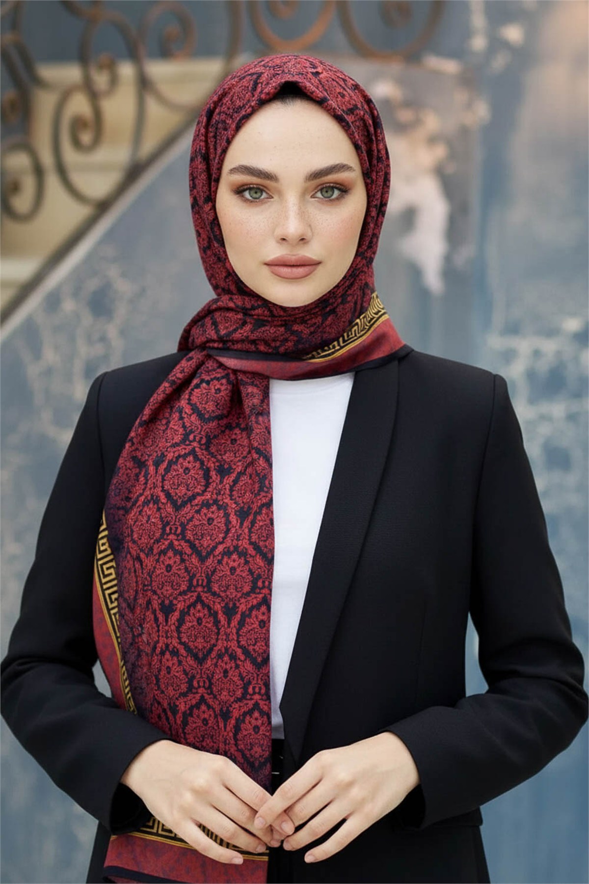 KREP GOLD DETAYLI BAROK DESENLİ BORDO RENKLİ 75X195 KIRIŞMAZ ŞAL