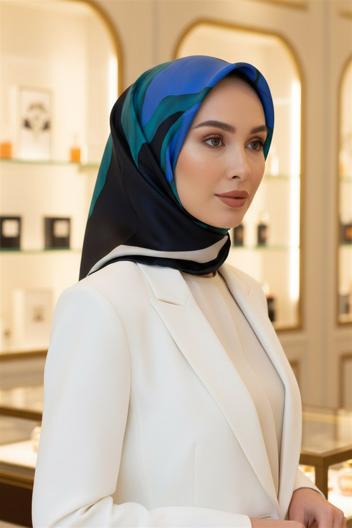 %100 Twill İpek Geometrik Desenli Petrol Yeşili - Saks Renkli 90x90 Eşarp Dikim Şekli : El Dikişi