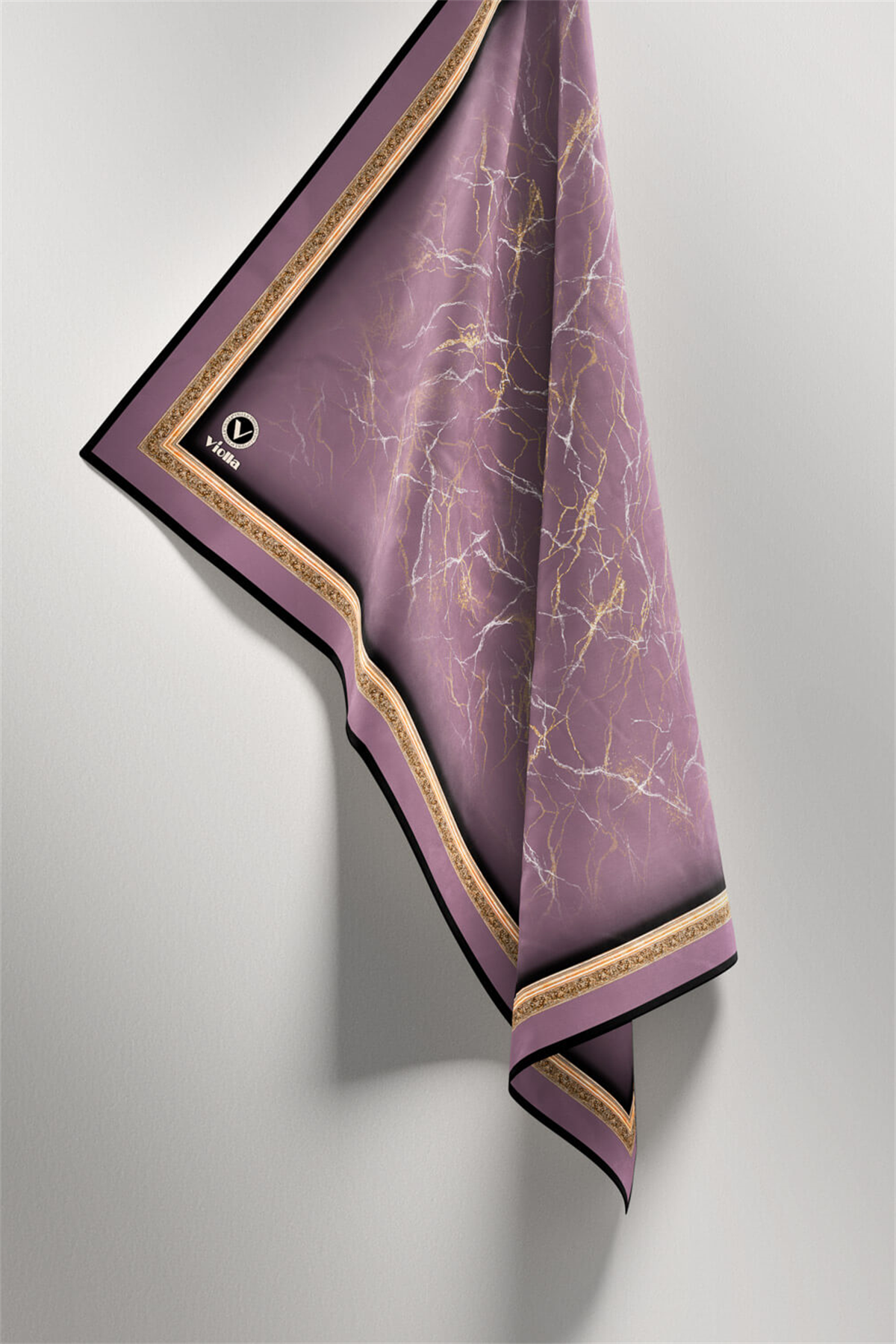 Twill Barok Çerçeveli Mermer Desenli Lila Renkli 90x90 Eşarp (İpek İçermez) Kenar Dikiş Şekli El Dikişli
