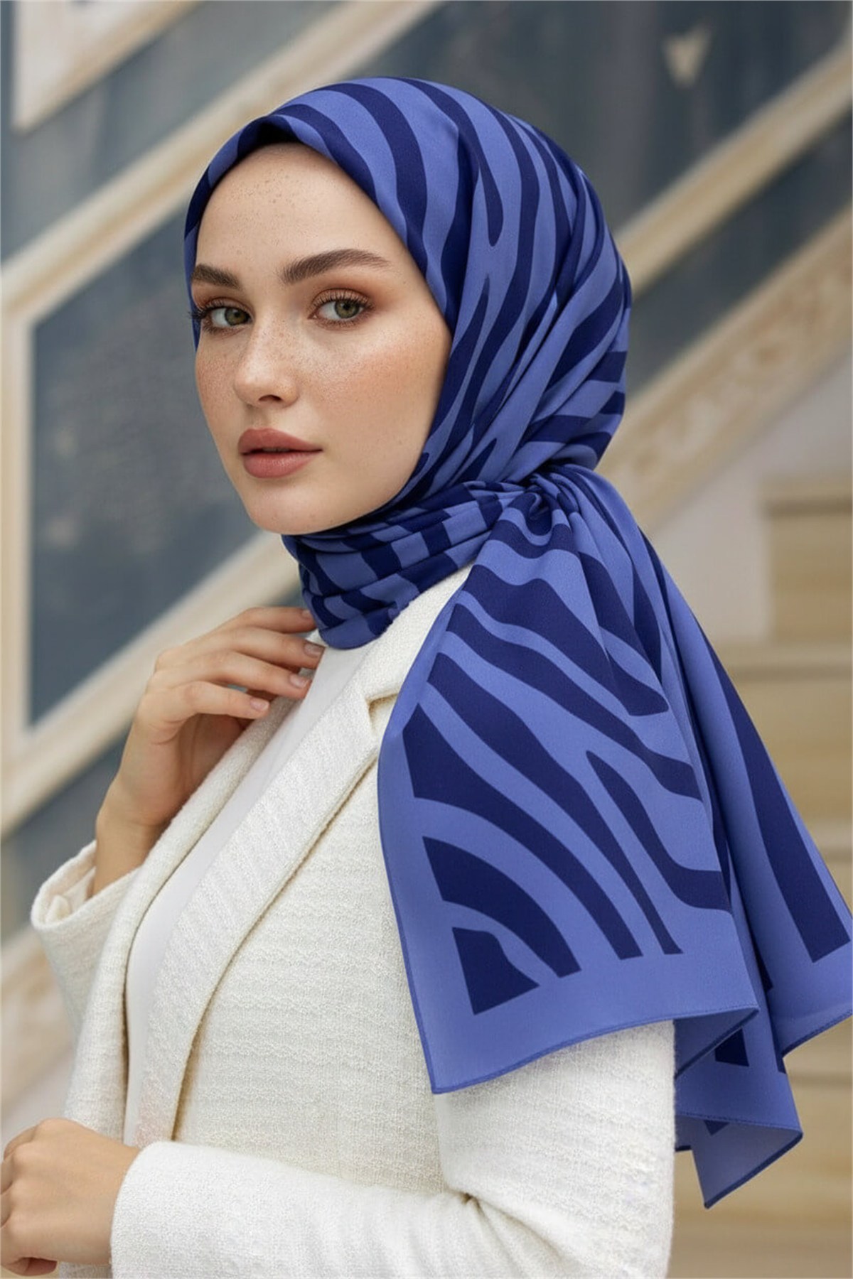Kırışmaz Krep Şal Zebra Desenli İndigo 75x190 cm – Kolay Şekil Alan