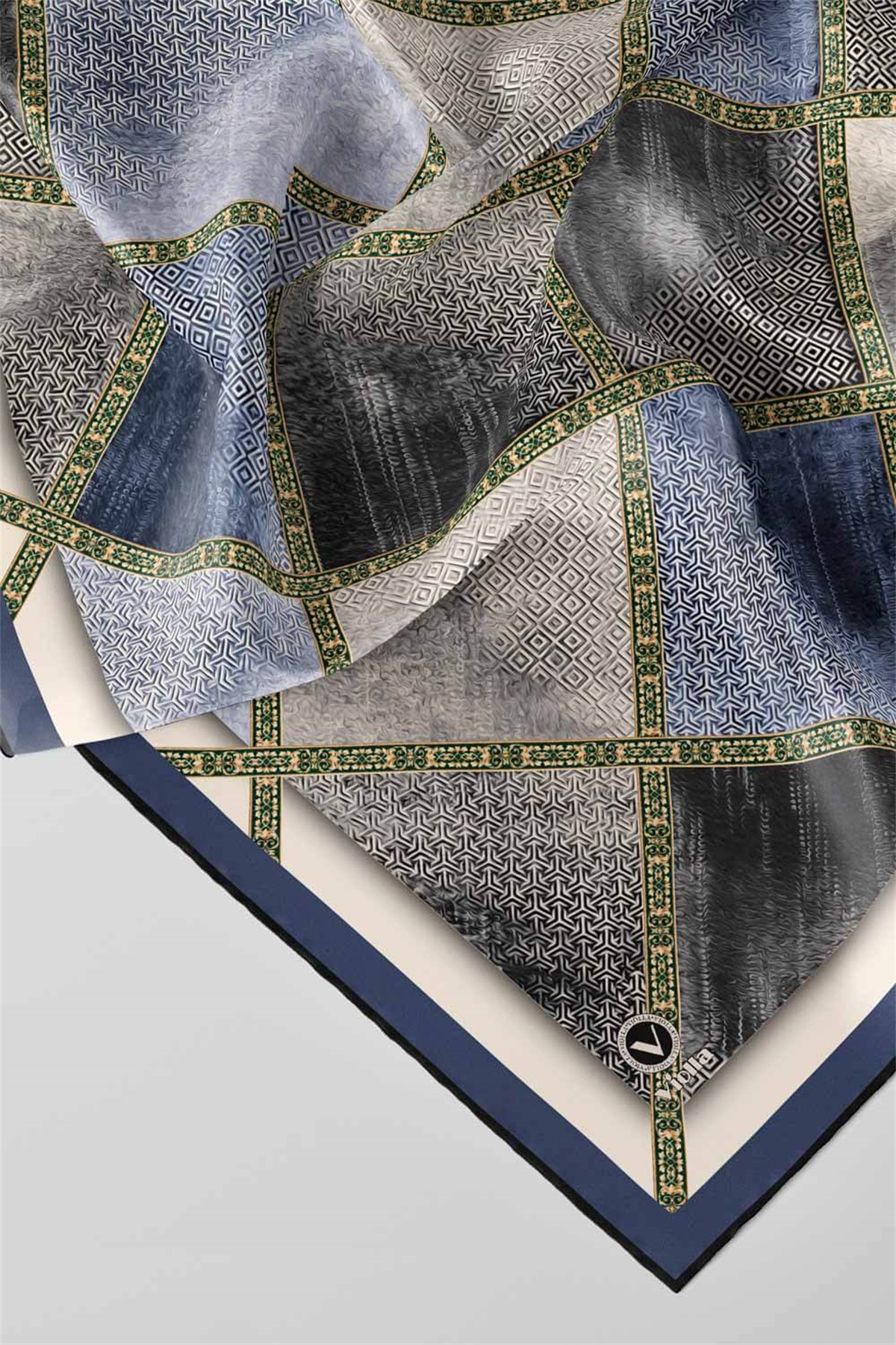 Twill Geometrik Desenli İndigo Renkli 90x90 Eşarp (İpek İçermez) Kenar Dikiş Şekli El Dikişli