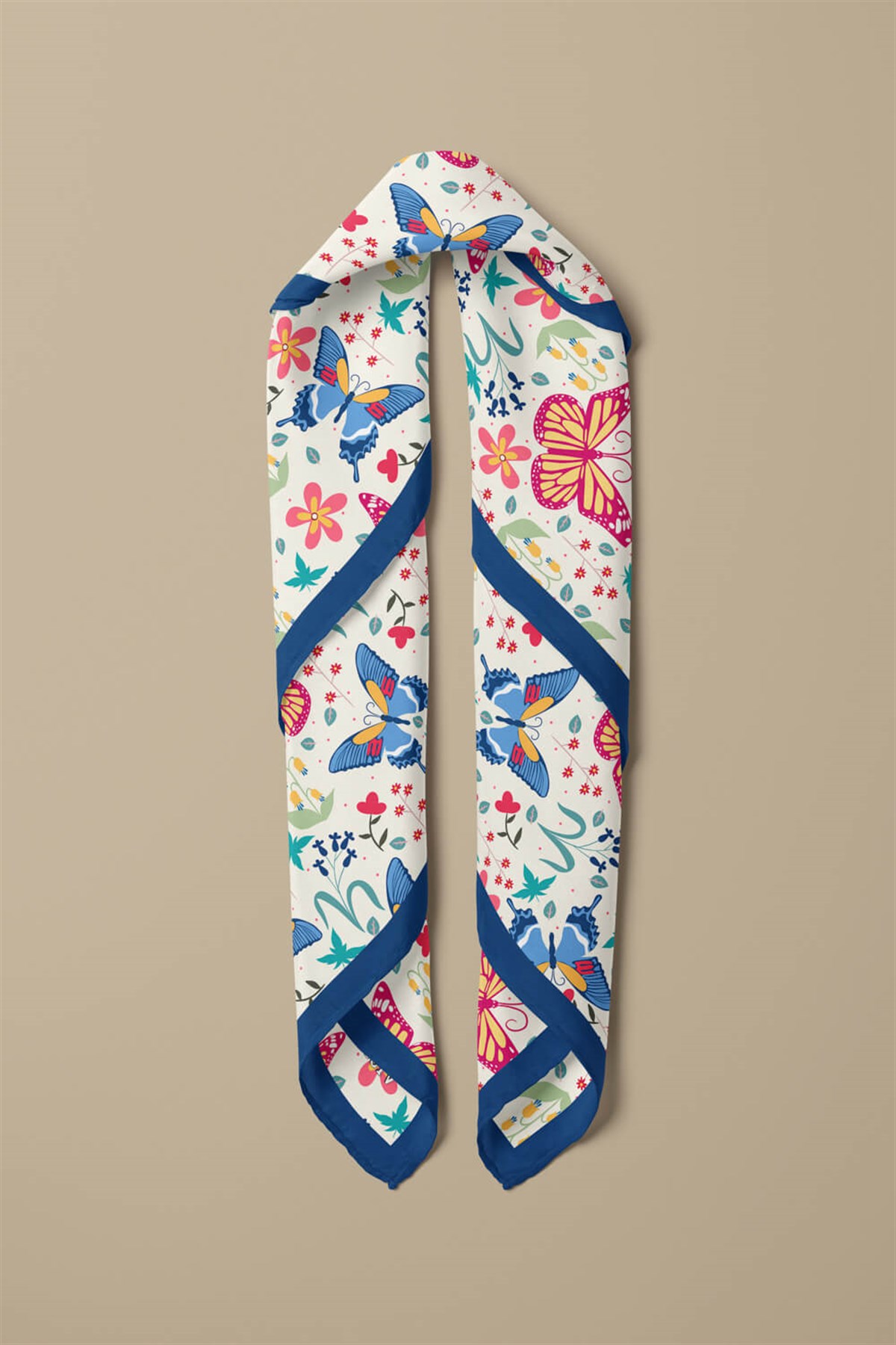 %100 İpek Kelebek Desenli Kadın Bandana