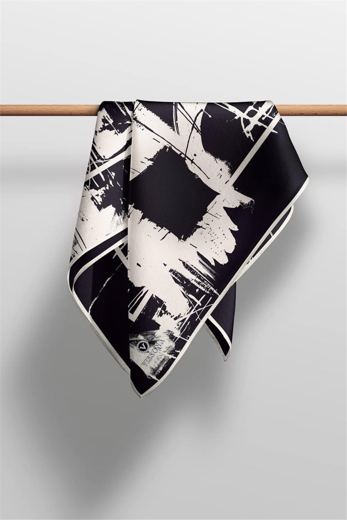 %100 Twill İpek Geometrik Desenli Siyah - Krem Renkli 90x90 Eşarp Dikim Şekli : El Dikişi