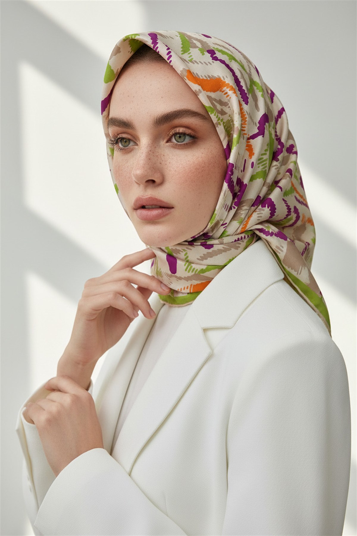 %100 Twill İpek Geometrik Desenli Fıstık Yeşili - Mürdüm Renkli 90x90 Eşarp Dikim Şekli : El Dikişi