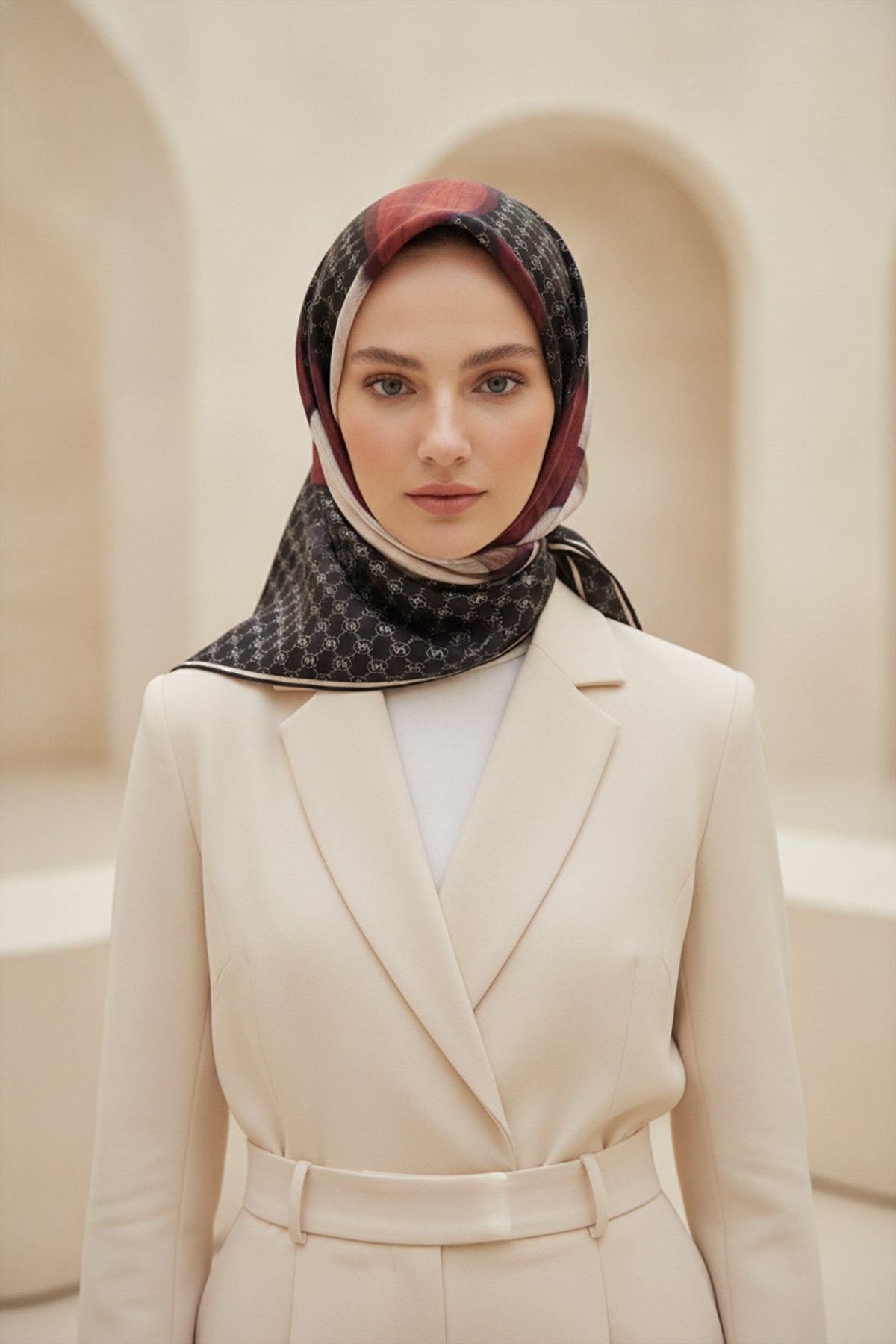 100% Twill Geometrik Halka Desenli Siyah - Bordo Renkli 90x90 Dikim Şekli : El Dikişi Eşarp