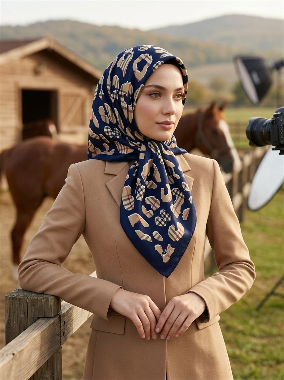 %100 Twill İpek Leopar Desenli Lacivert - Bej Renkli 90x90 Eşarp Dikim Şekli : El Dikişi