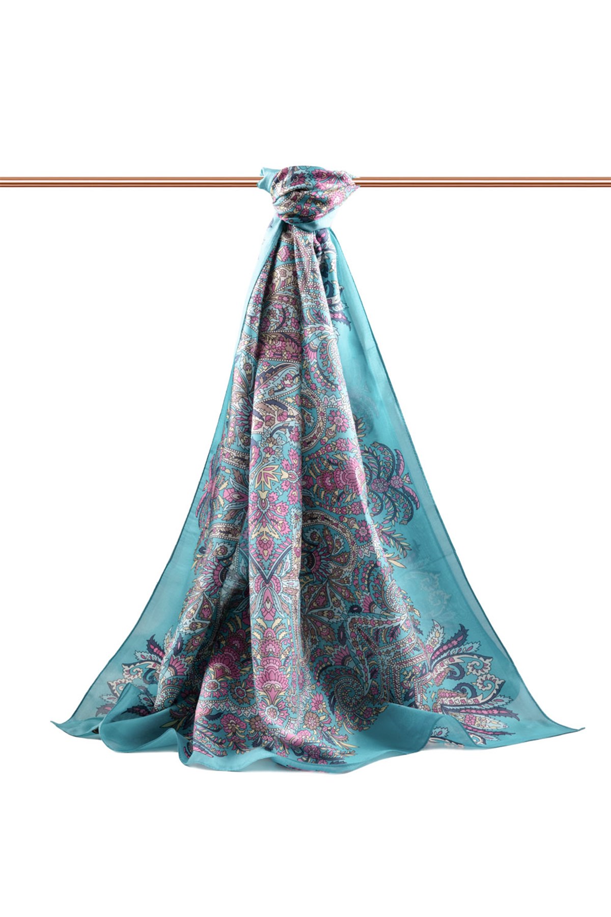 100% İpek Etro Desenli Petrol Yeşili - Pembe Renkli 92x210 Şal