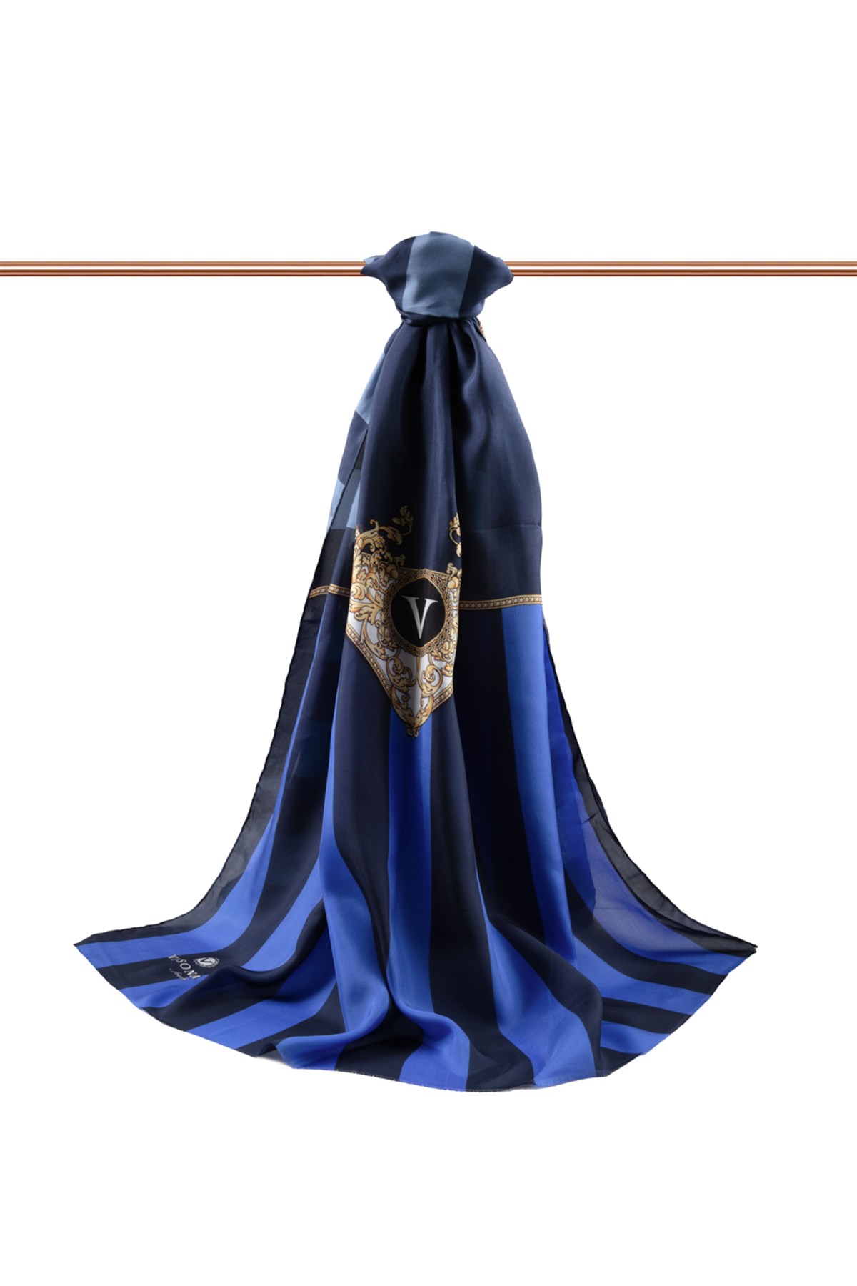 %100 İpek Şerit Ve Varak Desenli Saks - Su Yeşili Renkli 92x210 Şal