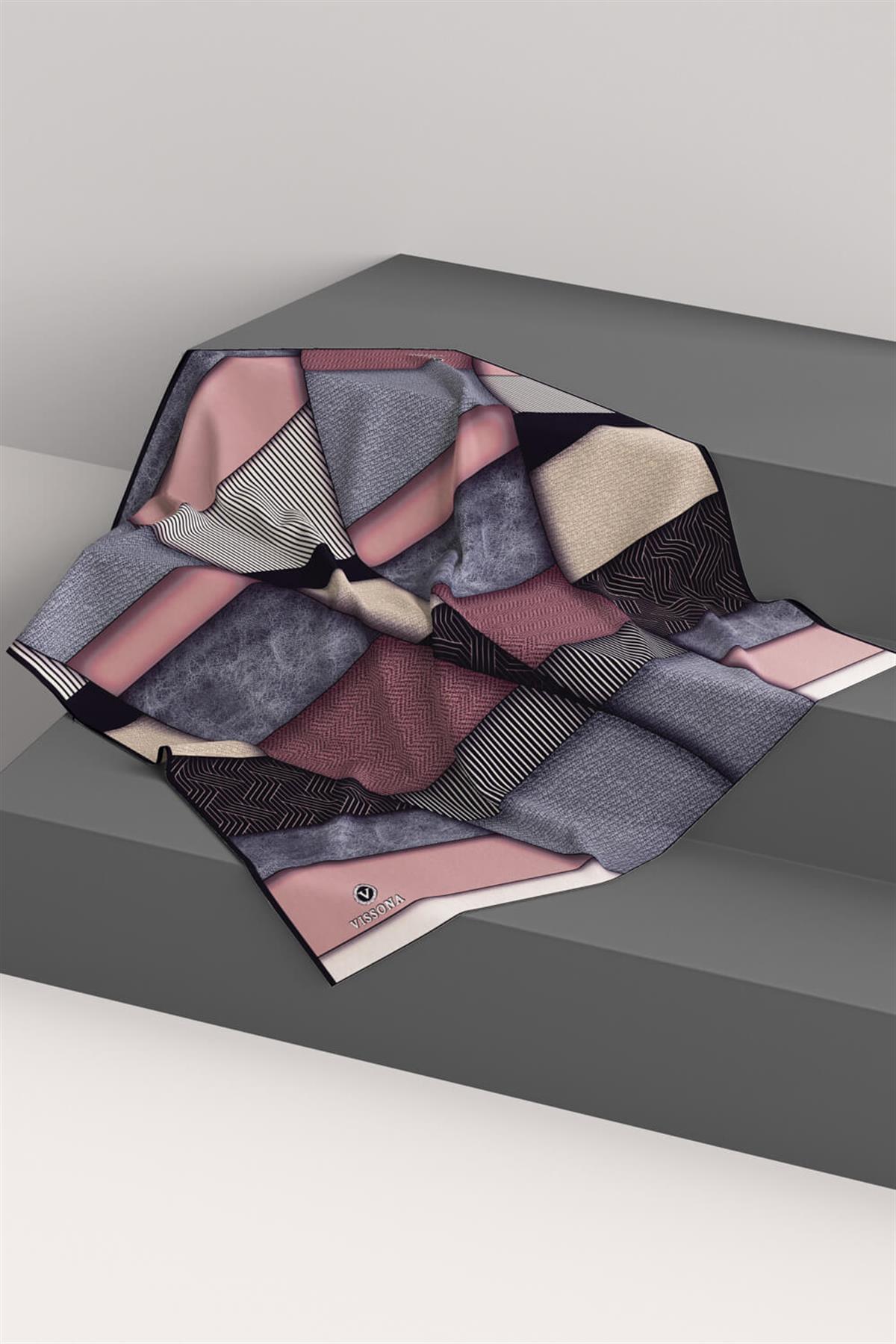 %100 Twill İpek Dokulu ve Geometrik Desenli Pudra - Gri Renkli 90x90 Eşarp Dikim Şekli : El Dikişi