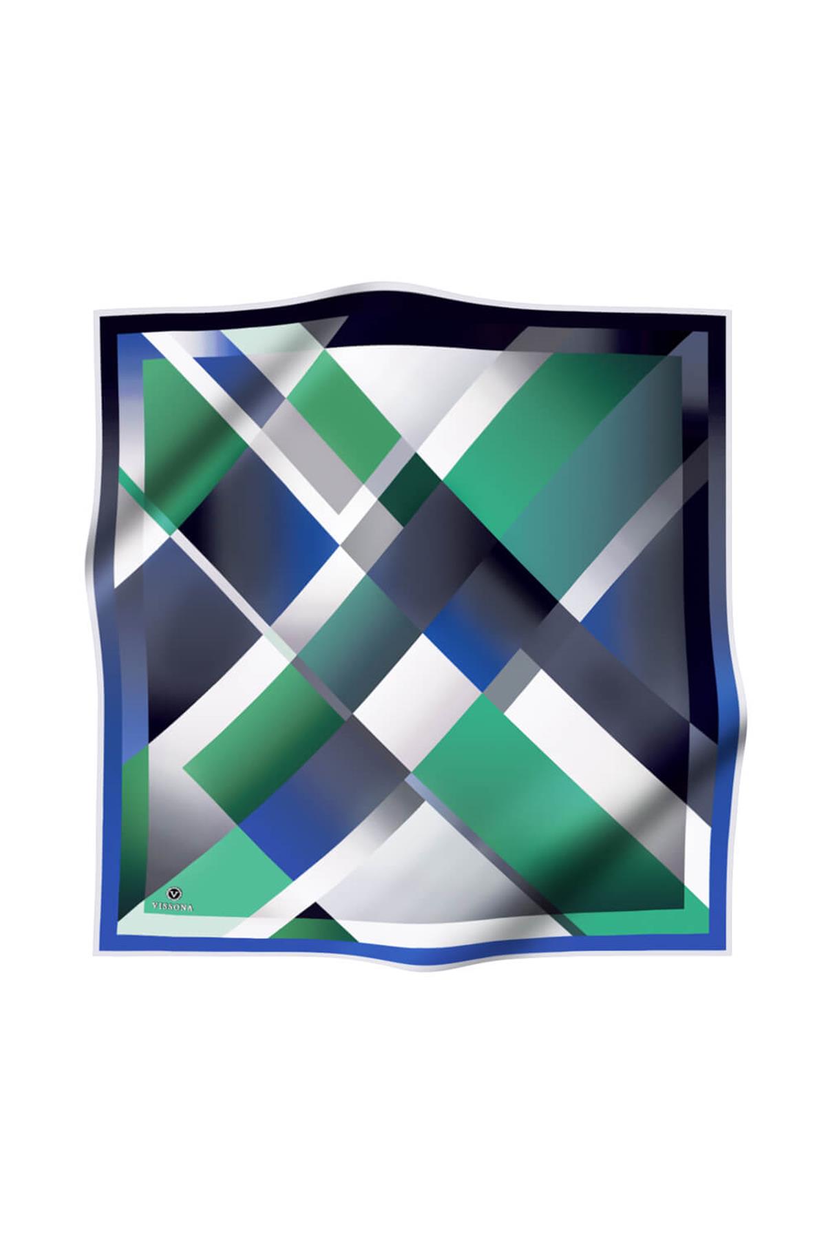 %100 Twill İpek Geometrik Desenli Zümrüt Yeşili - Saks Renkli 90x90 Eşarp Dikim Şekli : El Dikişi