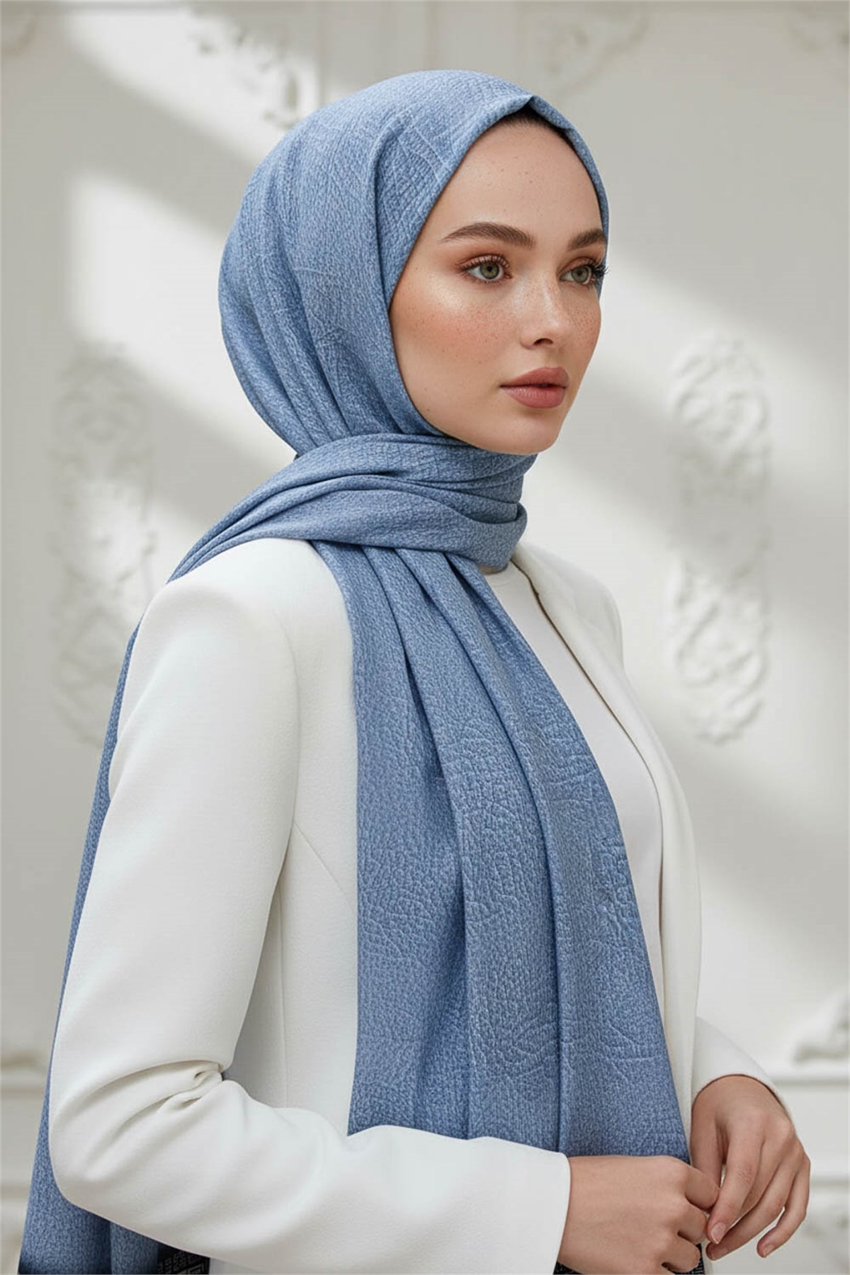 KREP DESENLİ BEBE MAVİSİ RENKLİ 75X195 KIRIŞMAZ ŞAL