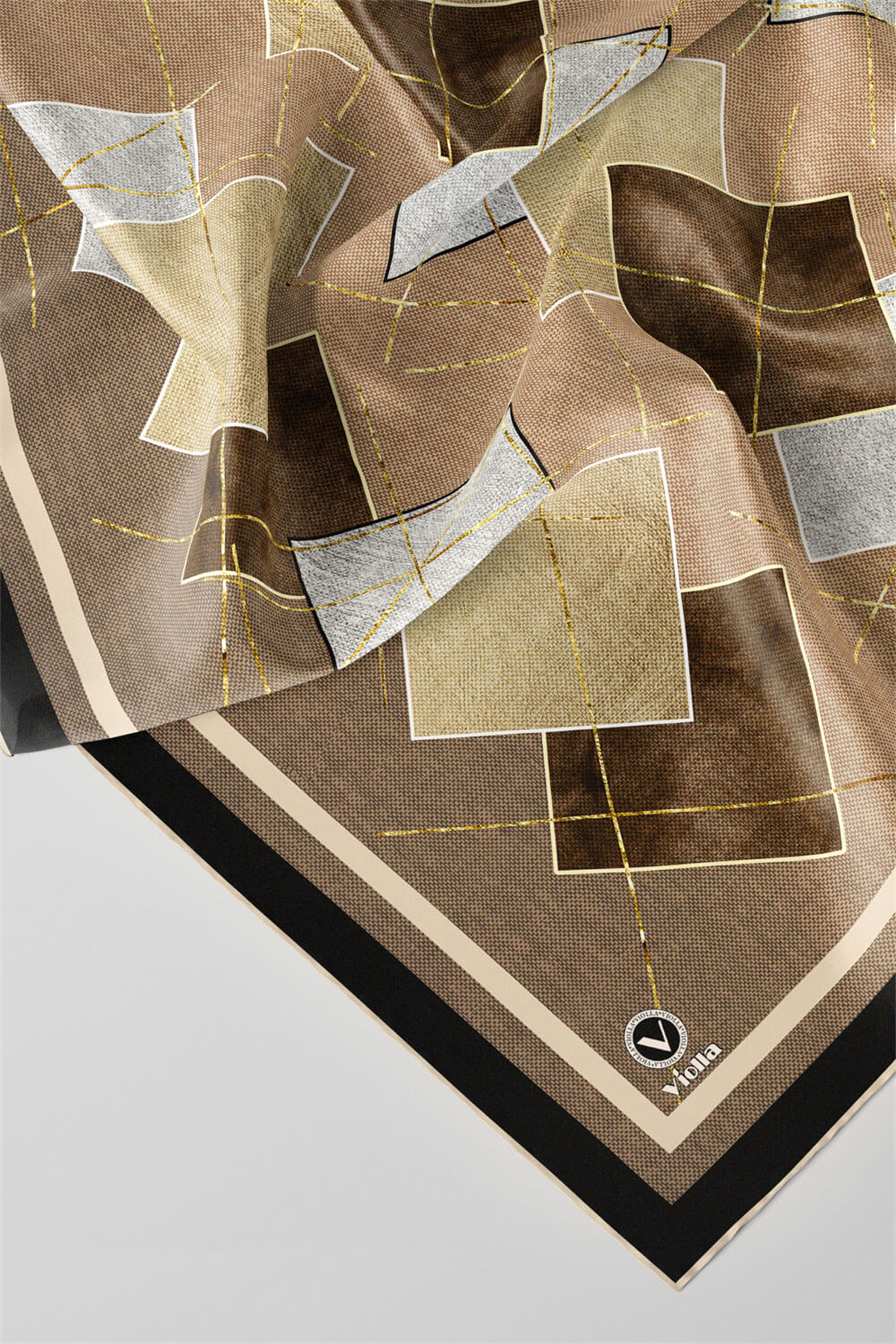 Twill Geometrik Desenli Bej Renkli 90x90 Eşarp (İpek İçermez) Kenar Dikiş Şekli El Dikişli