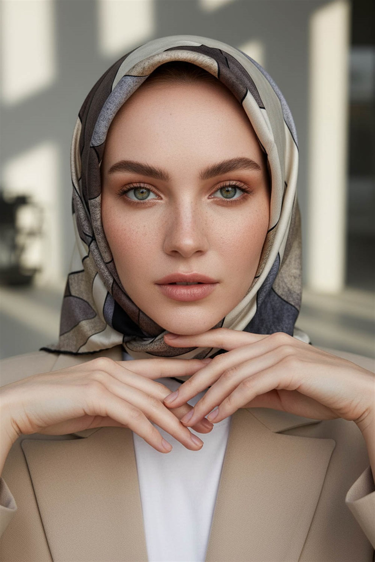 %100 Twill İpek Geometrik Desenli Gri - Bej Renkli 90x90 Eşarp Dikim Şekli : El Dikişi
