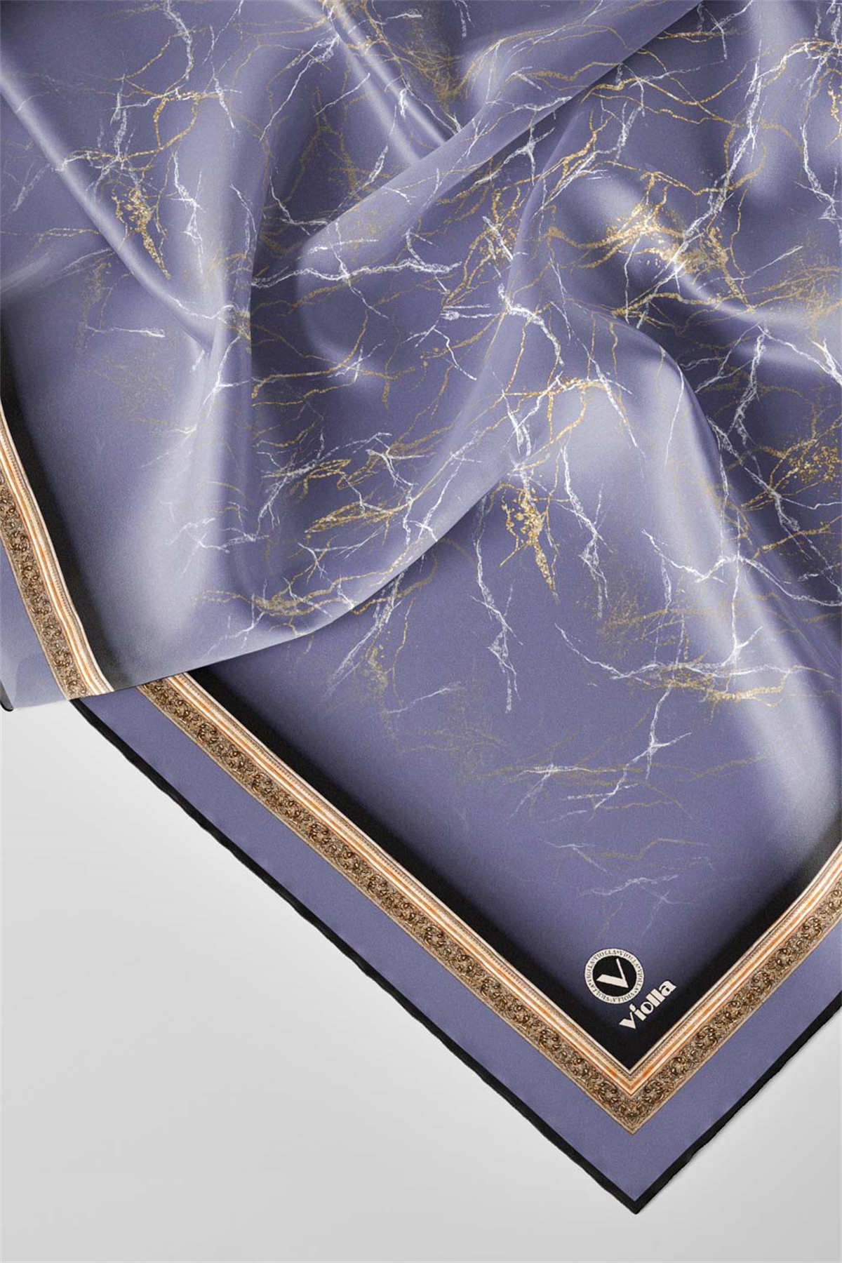 Twill Barok Çerçeveli Mermer Desenli İndigo Renkli 90x90 Eşarp (İpek İçermez) Kenar Dikiş Şekli El Dikişli