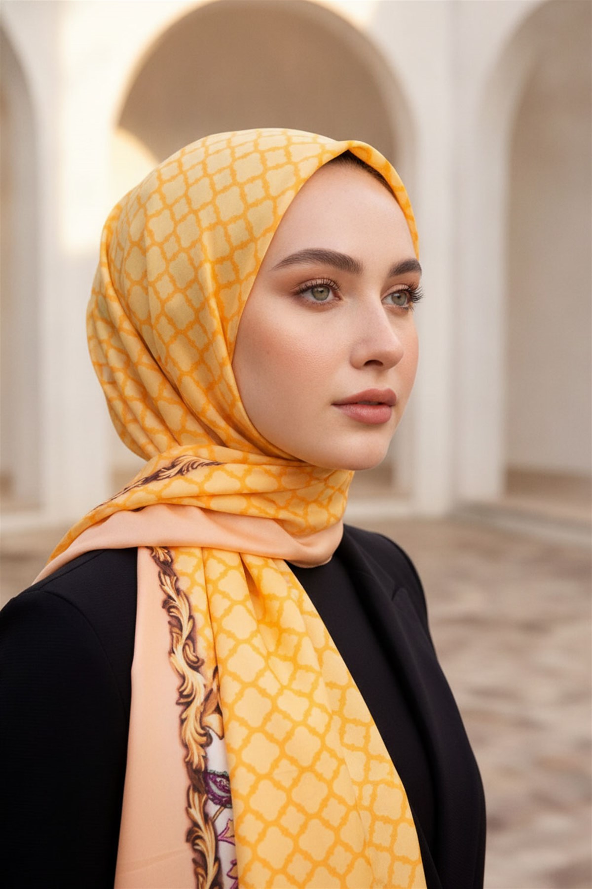 %100 Saf İpek Şal İnce Saten Vual Dokuma Dokuma Çiçek Desenli Limon Sarısı - Somon Renkli 90x210 Şal
