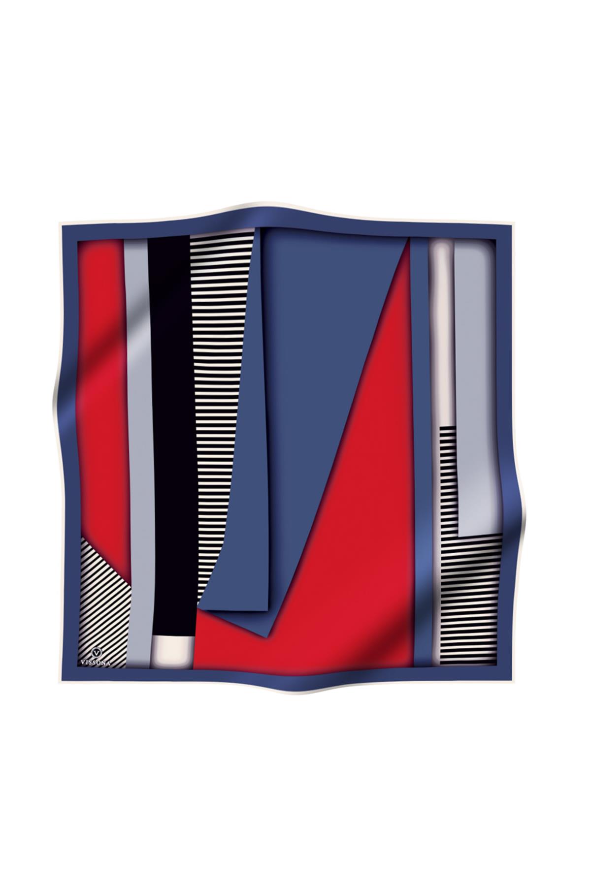 %100 Twill Renk Bloklu Çizgili Desenli Bordo - İndigo Renkli 90x90 Eşarp Dikim Şekli: El Dikişii