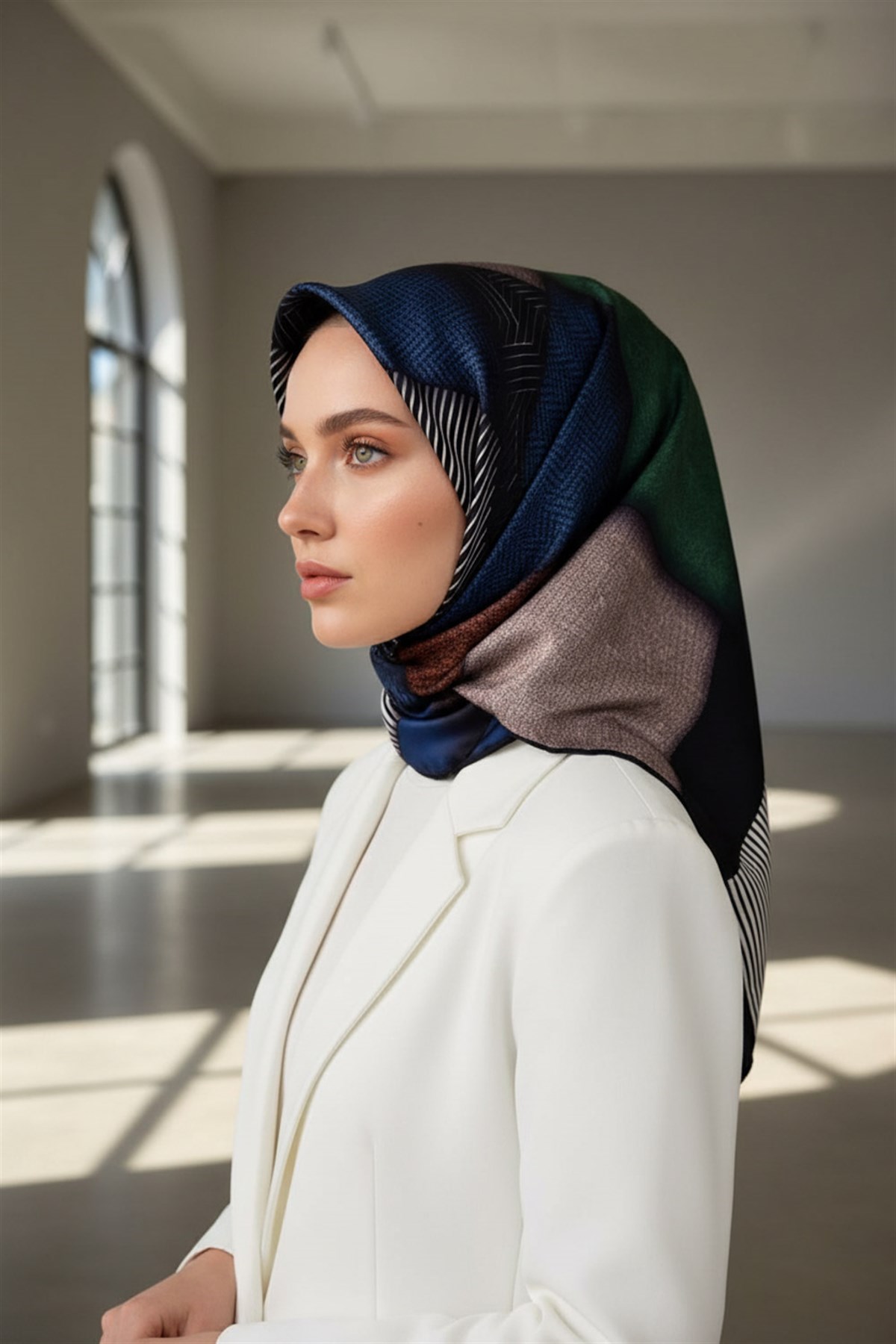 %100 Twill İpek Dokulu ve Geometrik Desenli Lacivert - Zümrüt Yeşili Renkli 90x90 Eşarp Dikim Şekli : El Dikişi
