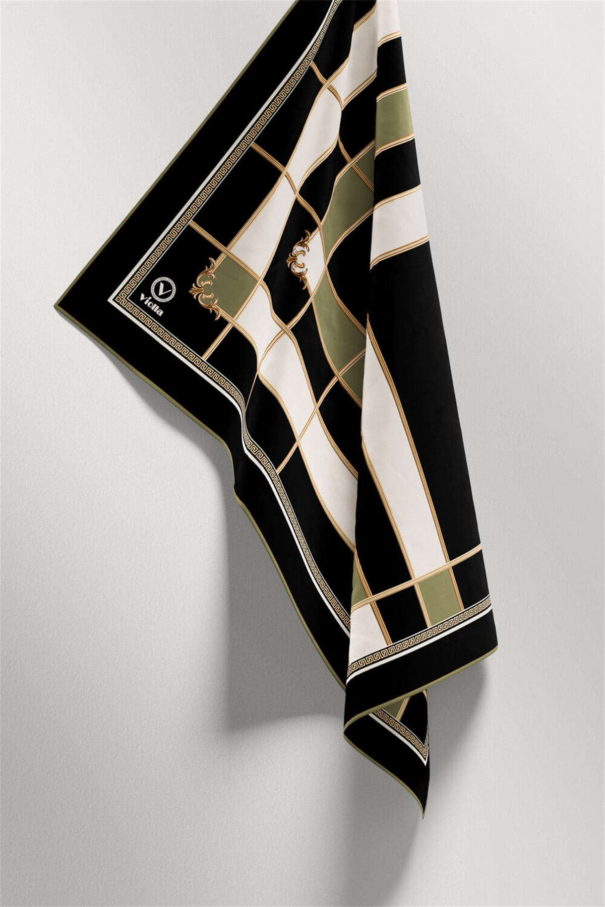Twill Gold Detaylı Kareli Desenli Haki Renkli 90x90 Eşarp (İpek İçermez) Kenar Dikiş Şekli El Dikişli