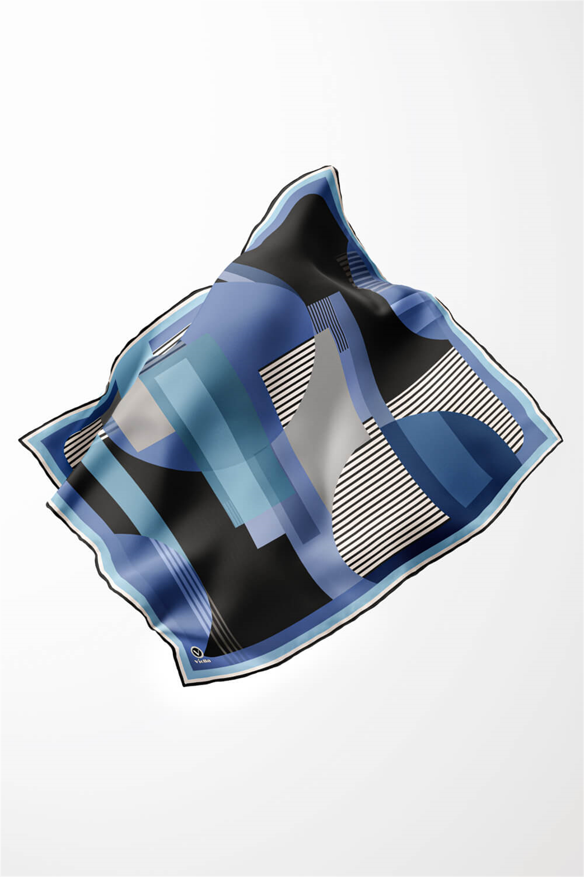 Twill Çizgili Ve Geometrik Desenli Bebe Mavisi Renkli 90x90 Eşarp (İpek İçermez) Kenar Dikiş Şekli El Dikişli