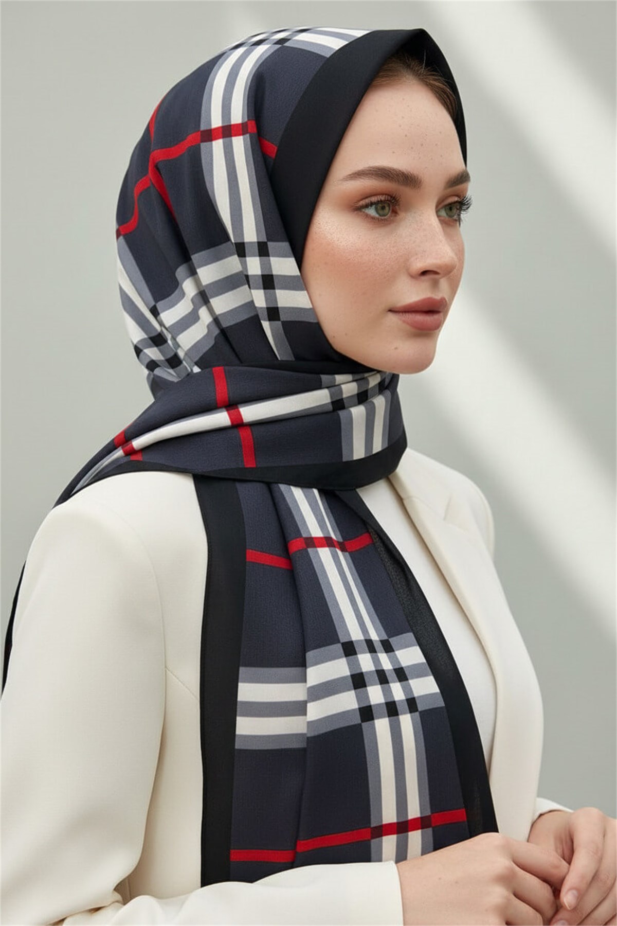 Krep Şal 75x195 Füme Ekose Desenli Kırışmaz Kadın Şal