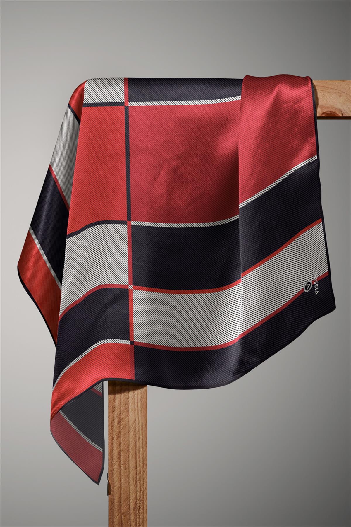 %100 Twill İpek Geometrik Desenli Bordo Renkli 90x90 Eşarp Dikim Şekli : El Dikişi