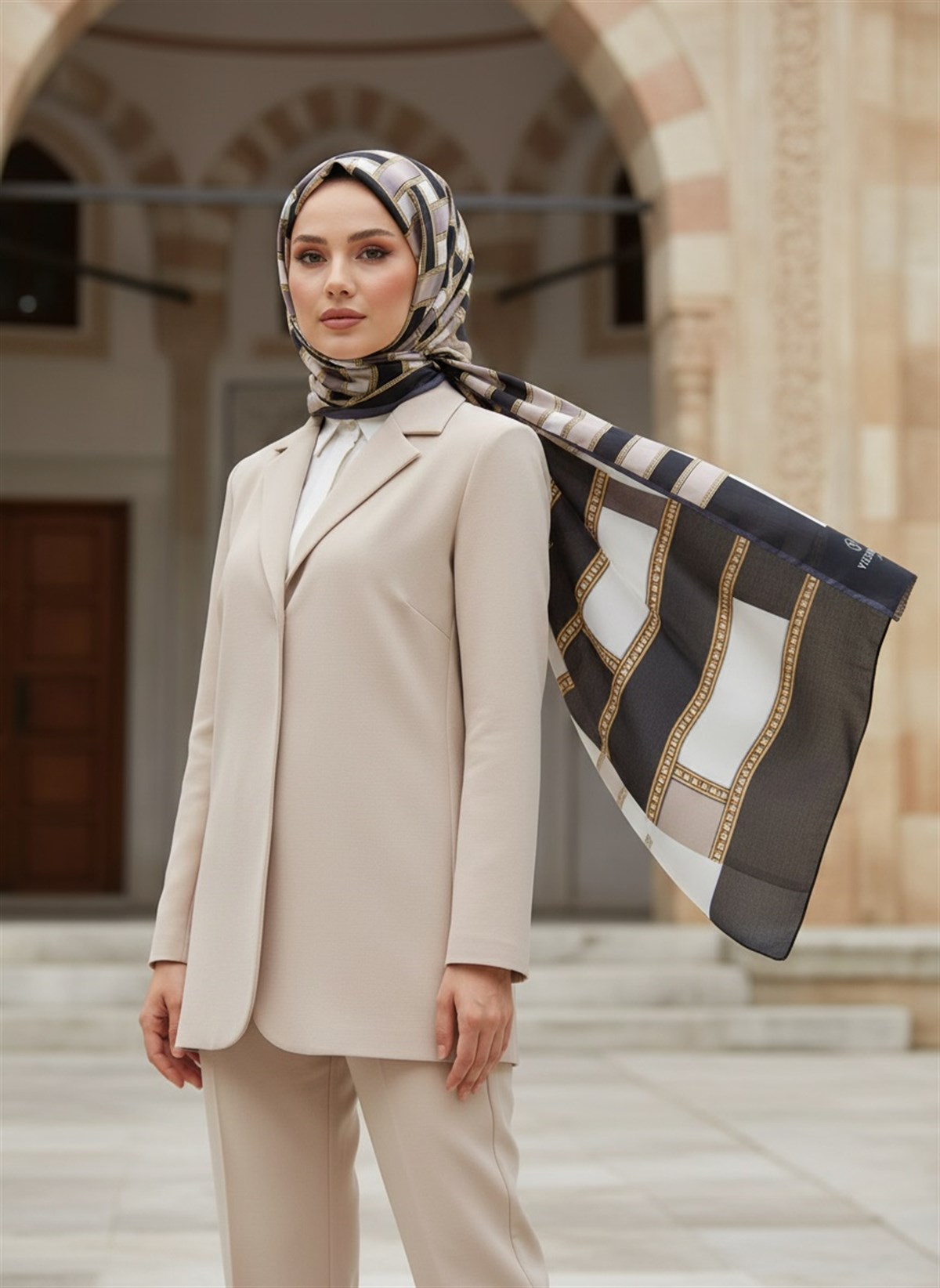 %100 Saf İpek Şal İnce Saten Vual Dokuma Kemer Desenli Siyah - Vizon Renkli 90x210 Şal