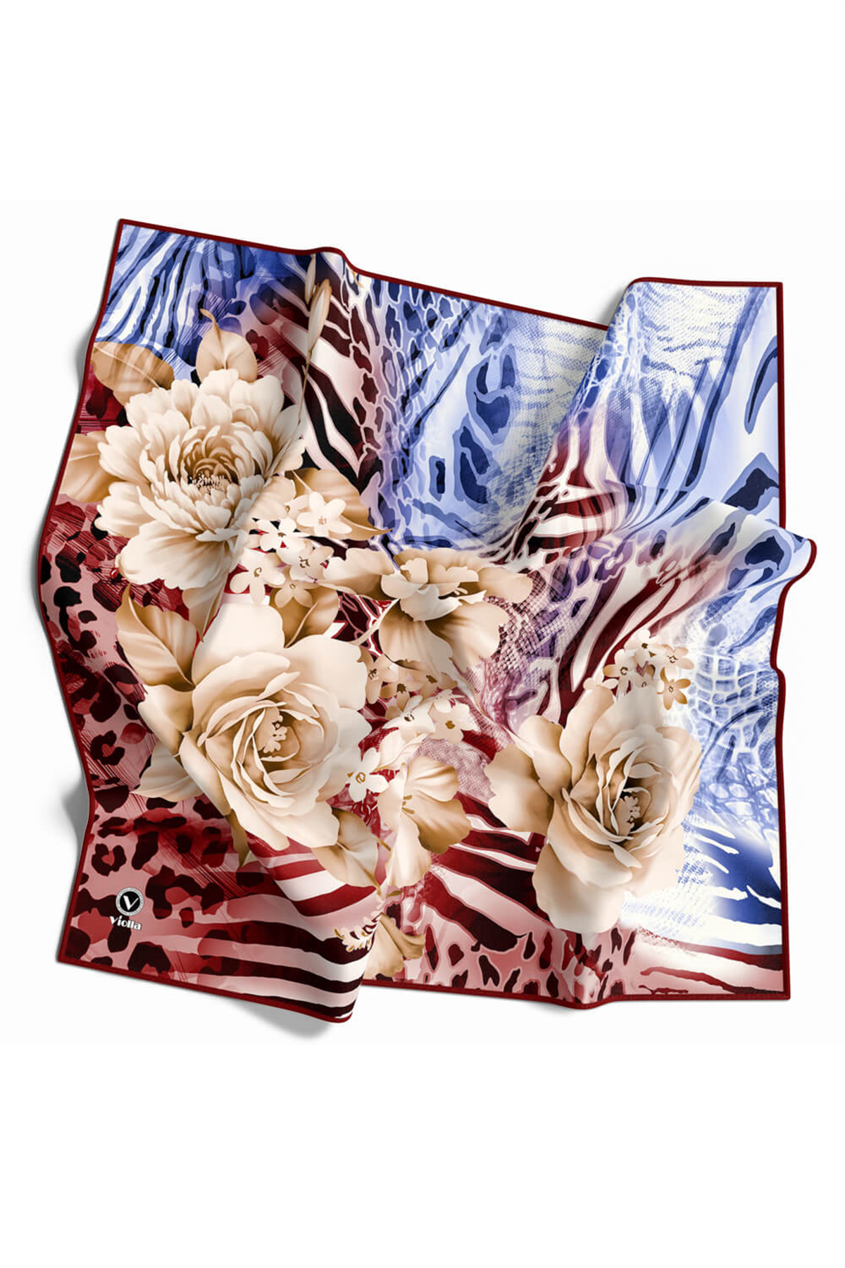 Twill Renkli Şerit Desenli Bordo Renkli 90x90 Eşarp (İpek İçermez) Kenar Dikiş Şekli El Dikişli