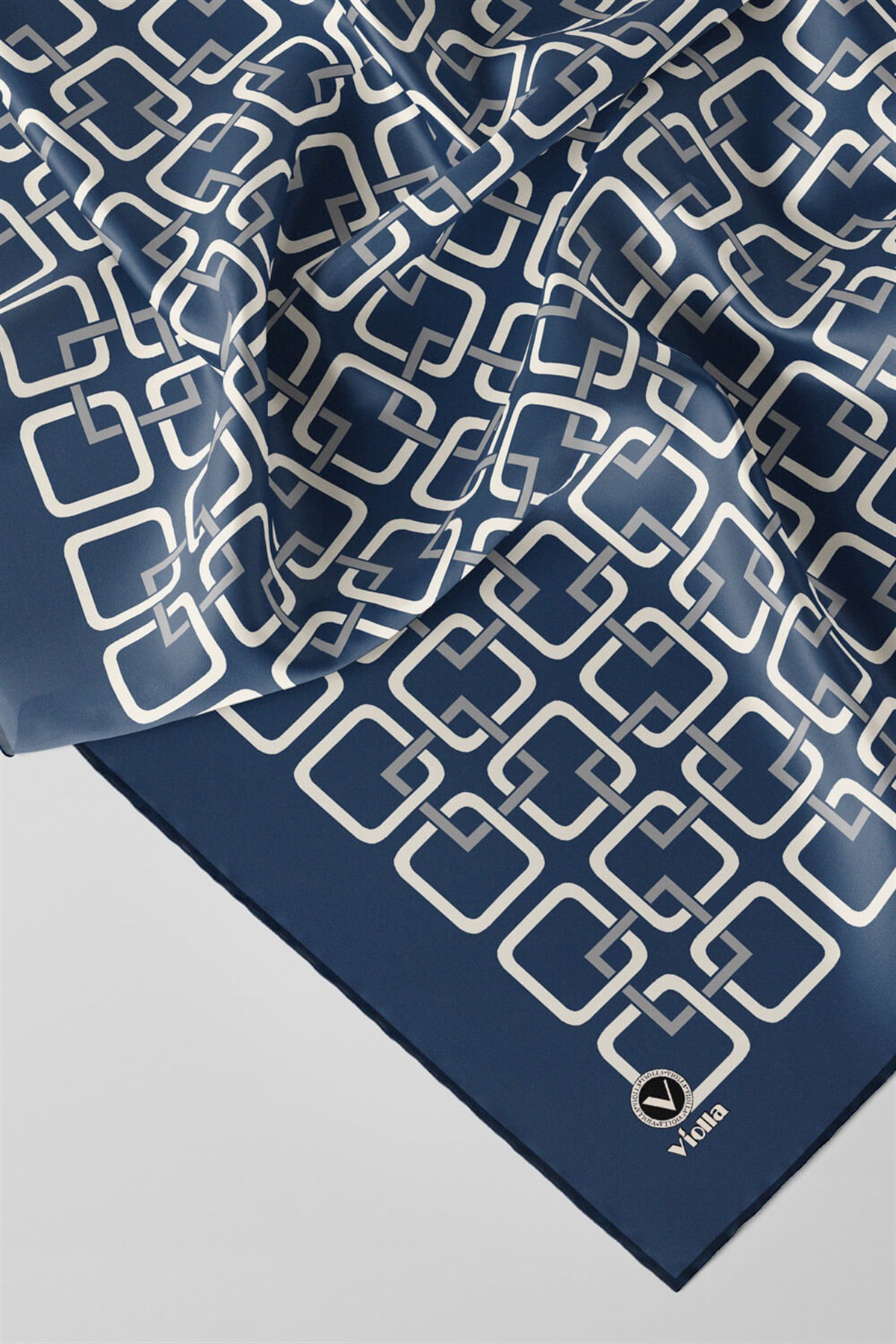 Twill Geometrik Desenli İndigo Renkli 90x90 Eşarp (İpek İçermez) Kenar Dikiş Şekli El Dikişli