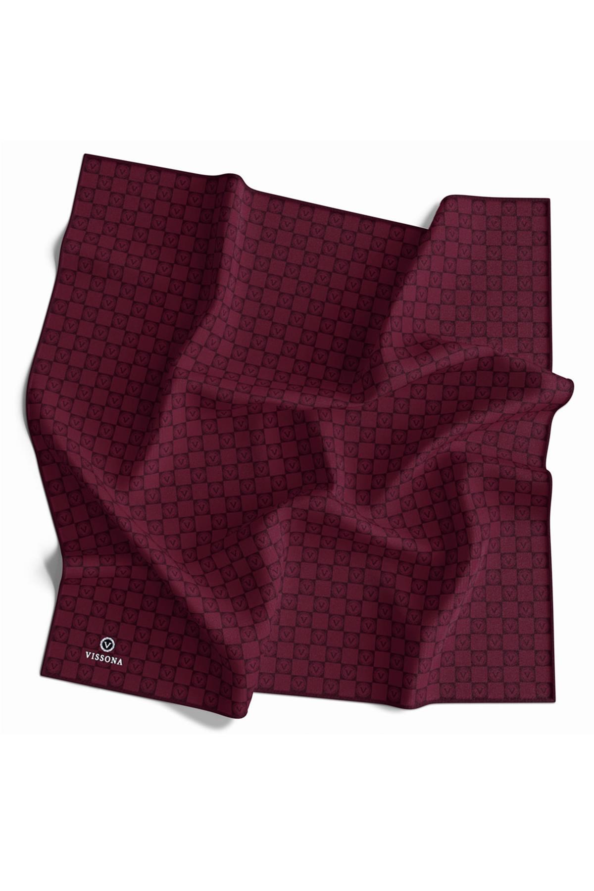 %100 Twill İpek Monogram Desenli Şarabi Renkli 90x90 Eşarp Dikim Şekli : El Dikişi