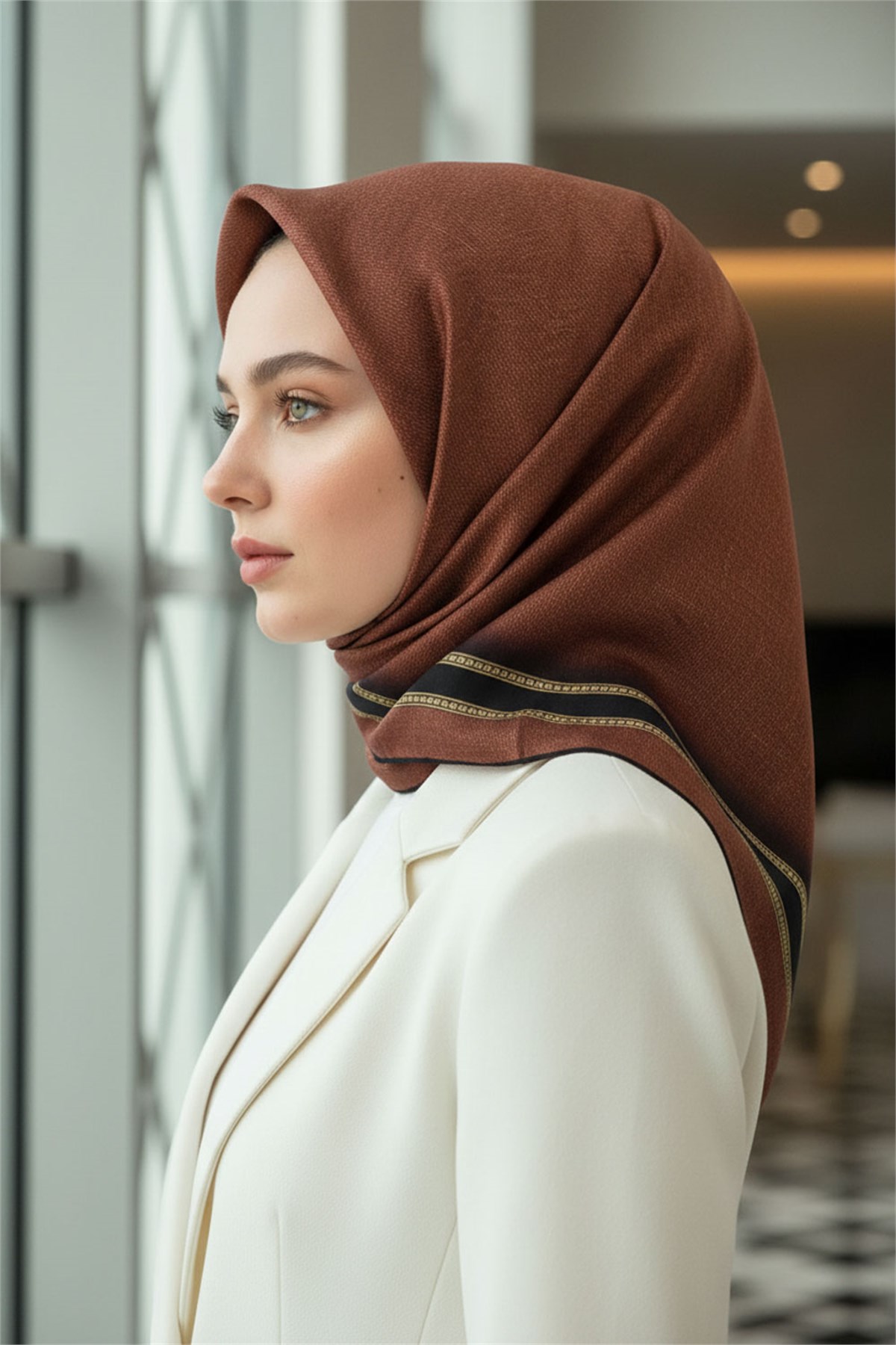 % 57 İPEK % 43 VİSKON Twill İpek Dokulu Şerit Desenli Siyah - Taba Renkli 90x90 Eşarp Dikim Şekli : El Dikişi
