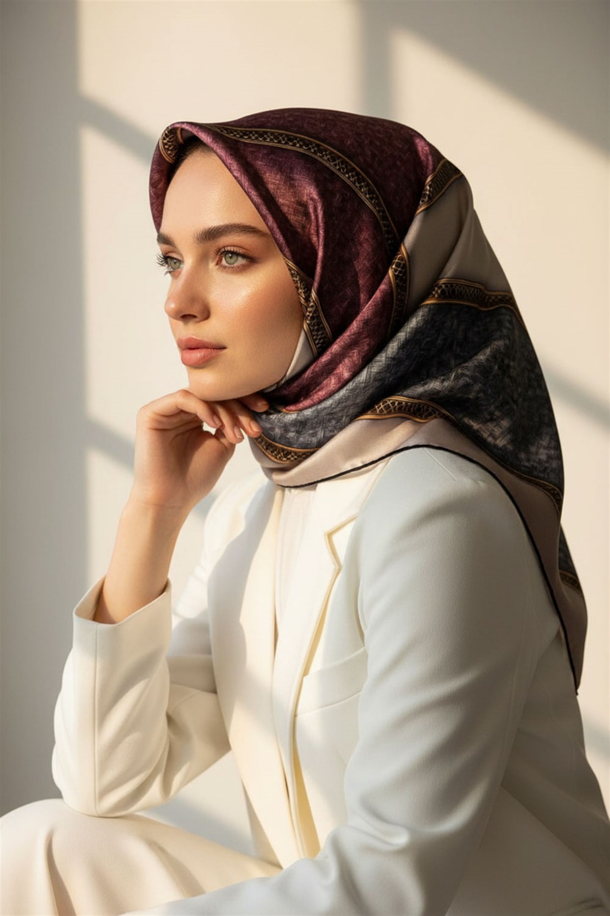 %100 Twill İpek Dokulu Ve Şerit Desenli Gri - Pudra Renkli 90x90 Eşarp Dikim Şekli : El Dikişi