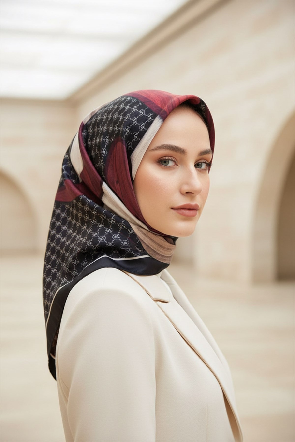 100% Twill Geometrik Halka Desenli Siyah - Bordo Renkli 90x90 Dikim Şekli : El Dikişi Eşarp
